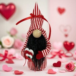 Valentines Day Gnome Handmade Red White Stripe Black Beard Heart Red White